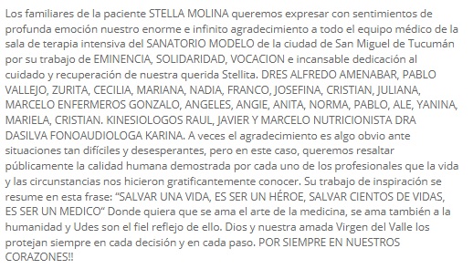 Agradecimiento de la familia de Stella Molina